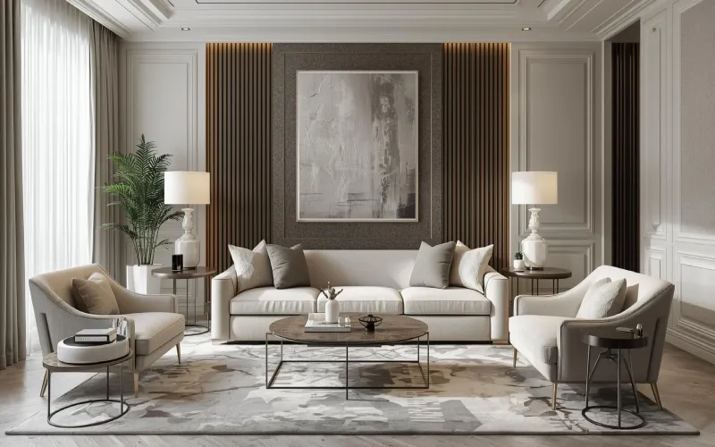 ترکیب رنگ پارچه مبلی با رنگ سفید و طوسی