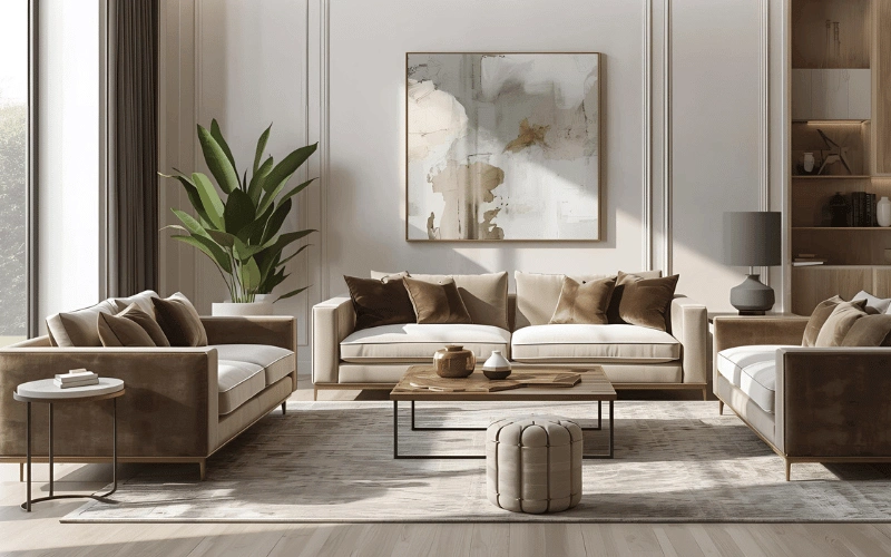 مبلمان راحتی با پارچه مخمل یا کتان لاکچری در فضای نشیمن